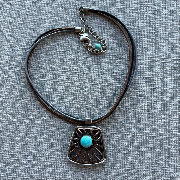 Chico's Jewelry - Chico's Silver-Tone Pendant Necklace with Turquoise Blue Stone and Dark Cord